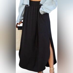 2/$30 Ninexis Black Maxi Skirt Sz 1XL Ruffle Elastic Waist Curved Side Slit